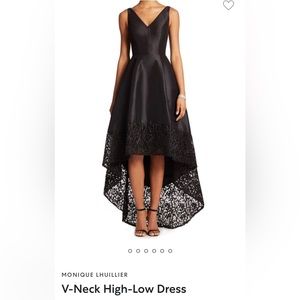 ML MONIQUE LHUILLIER, Black V-Neck High-Low Dress Lace Trim Dress